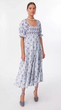 Pink City Prints Tuckernuck Cindy Alpine Mix Blue Red Floral Smocked Midi S